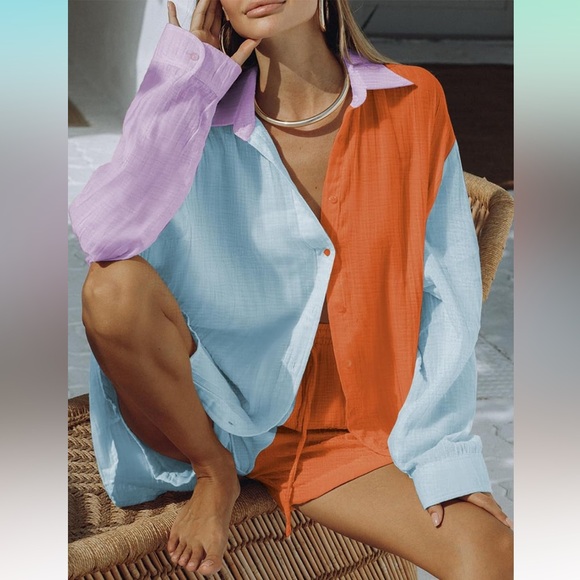 Tops - Womens Color Block Button Down Shirts Long Sleeve Oversized Boyfriend Top Size S